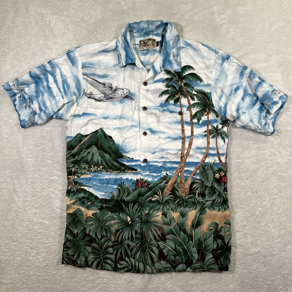 VTG Tori Richard Shirt Mens Small Air Plane Button Up Hawaiian Tropic Relaxed